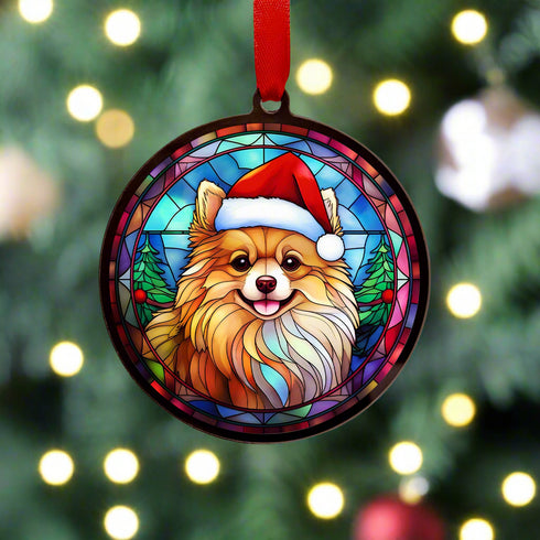 Pomeranian in Santa Hat Suncatcher Decoration